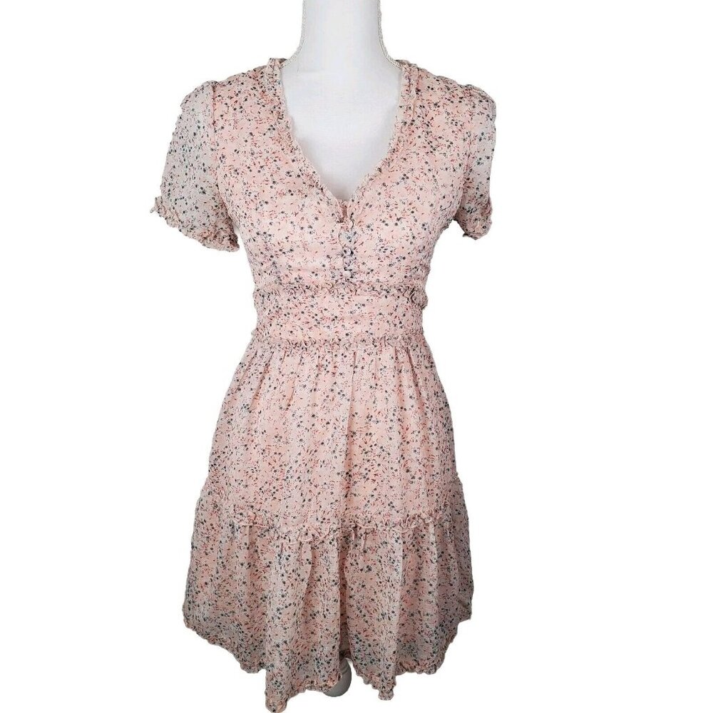 Storia Dress Women Small Pink Blue Tiered Mini Peasant Ditzy Floral Prarie Retro